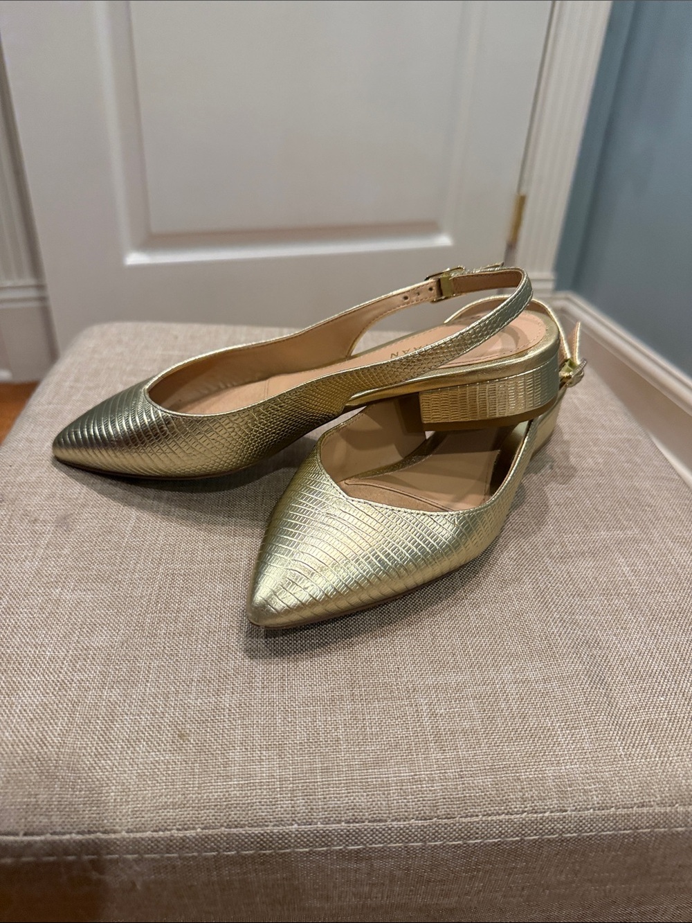 Cole Haan Gold Croc-Embossed Pointed Slingback Heels